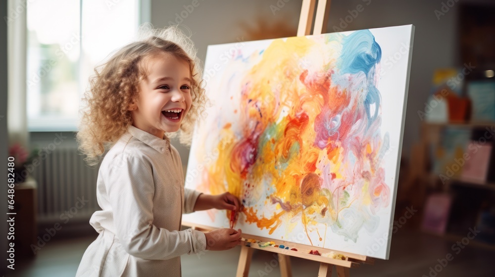 A little girl painting an abstract painting on an easel