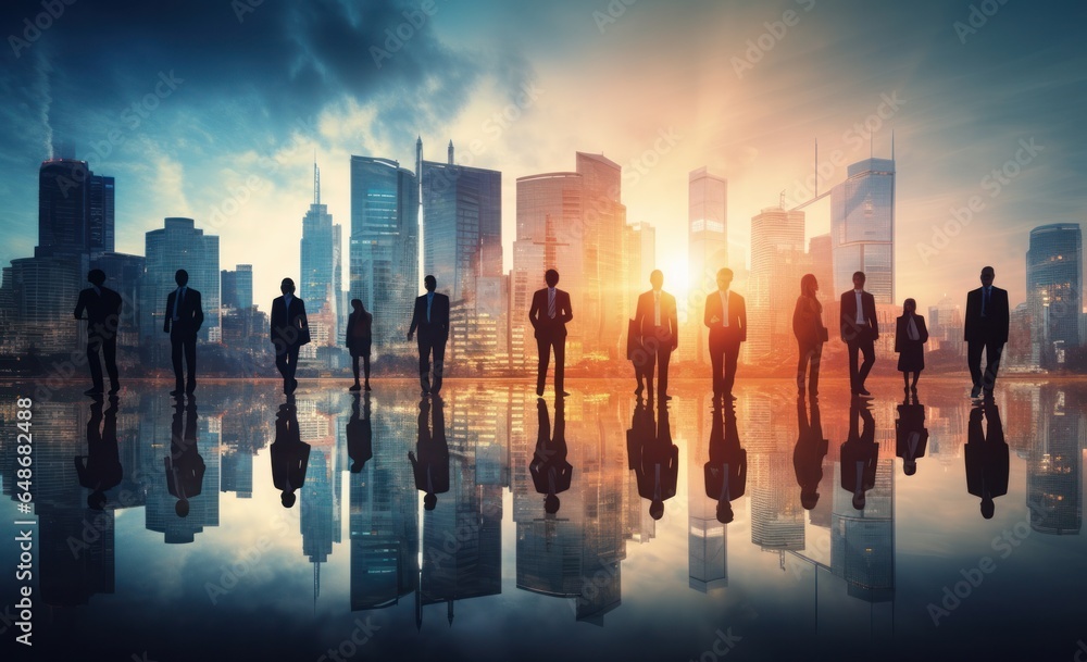 Silhouette of silhouettes of business person and people walking in city street