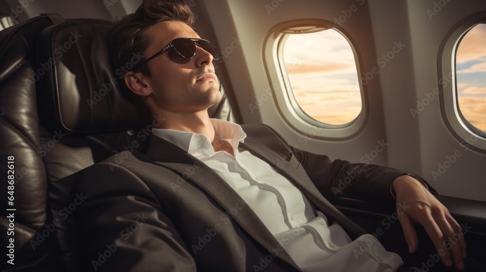 One handsome businessman relaxes on a plane