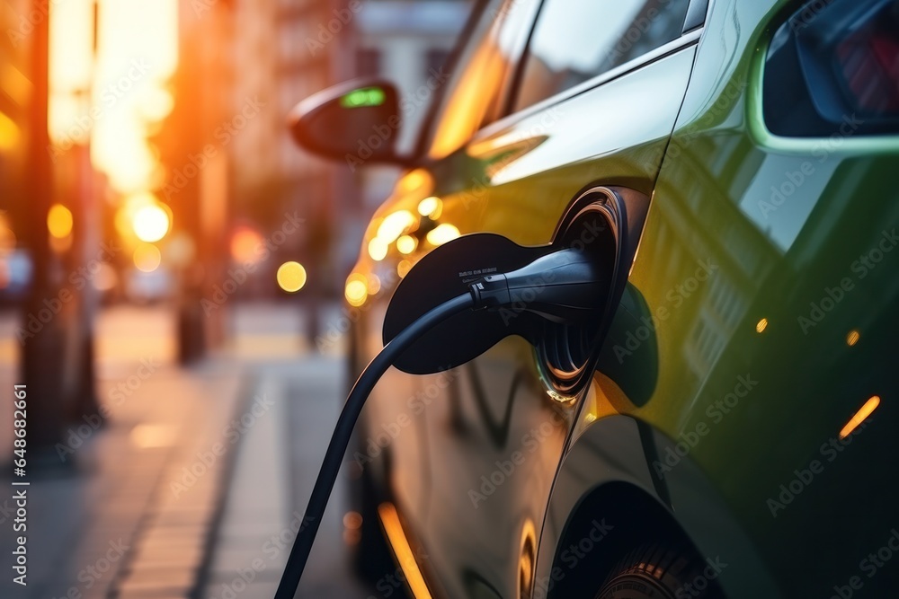 An electric car charged at a station