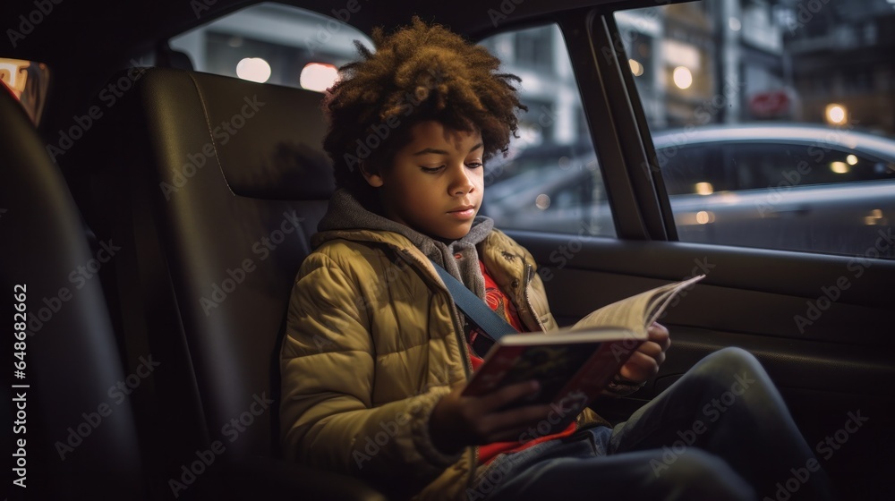 Little boy reading a magazine in a car