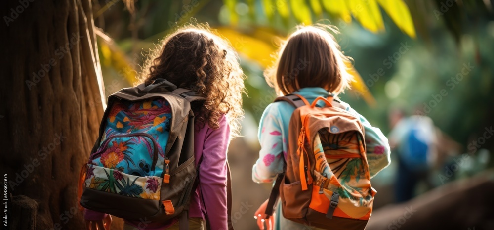 Kids holding backpacks standing in front of a street