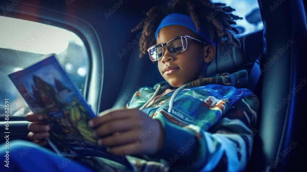 Little boy reading a magazine in a car