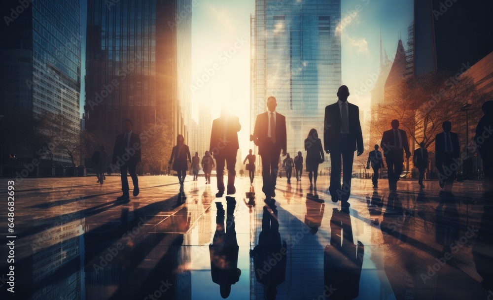 Silhouette of silhouettes of business person and people walking in city street