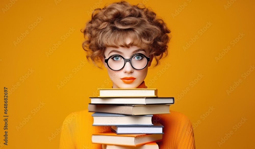 Young girl with stack of books