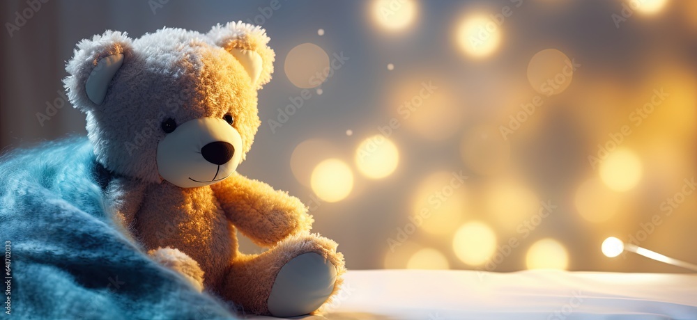 cute stuffed animal toy teddy bear sitting on cozy bed with warm glitter glow lights, Generative Ai	 