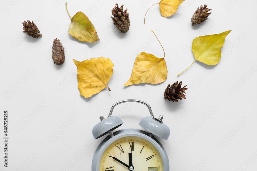 Alarm clock with autumn leaves on white background