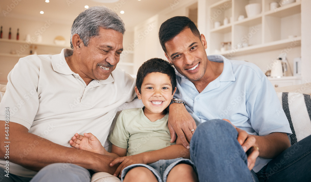 Portrait, father or kid with grandpa on sofa for bonding, healthy relationship or relax in family home. Smile, wellness or happy grandfather with dad or child in lounge with trust, support or love