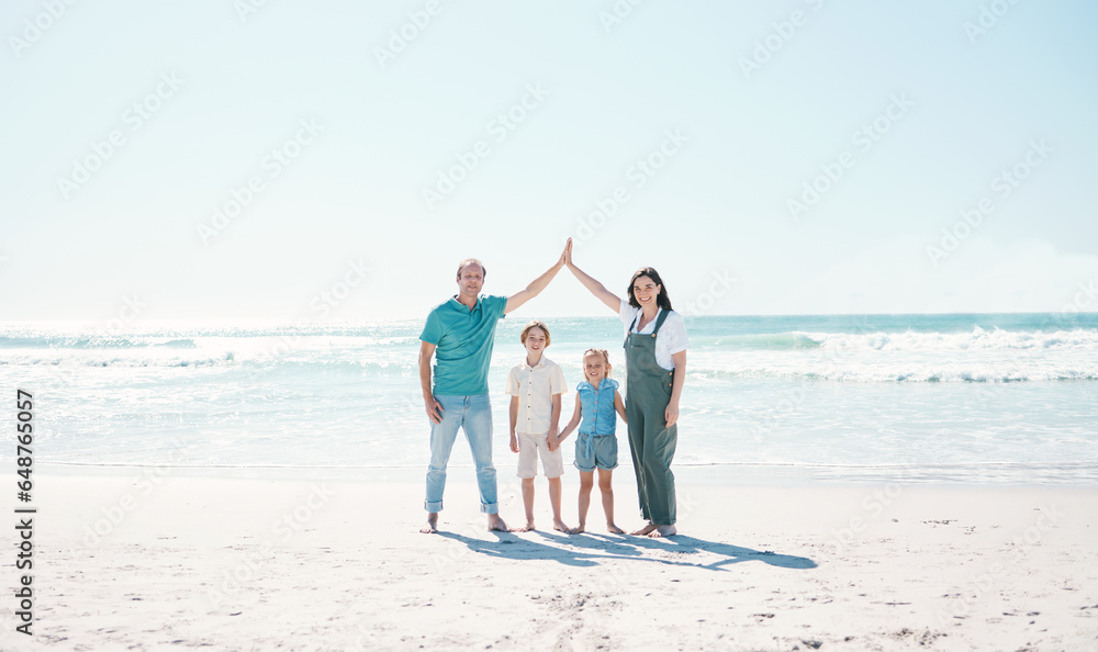 Happy family portrait, hands and roof on beach for insurance, security or protection on holiday together. Father, mother or children smile on ocean coast, fun day or bonding in break at sea on mockup