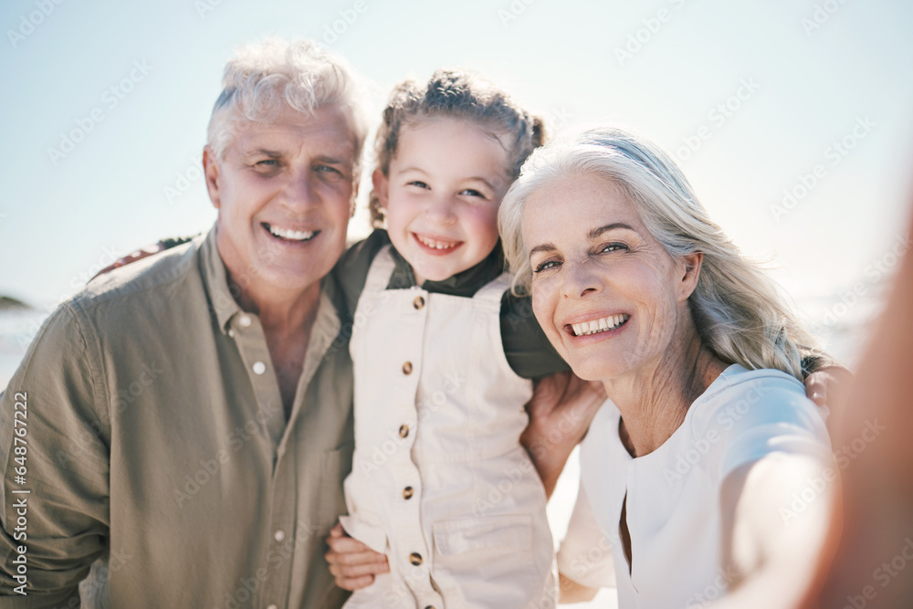 Family, selfie and beach holiday with grandparents and young girl together with a smile. Happy, child and portrait at the sea and ocean with a profile picture pov for social media on summer vacation