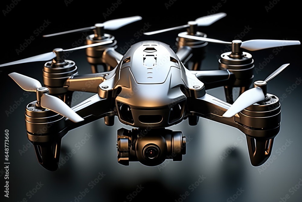 Drone with black metal structure on black background.