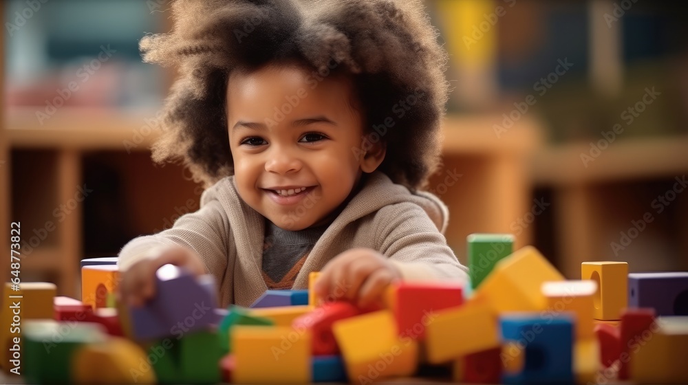 African American child playing with colorful block toys at living room.