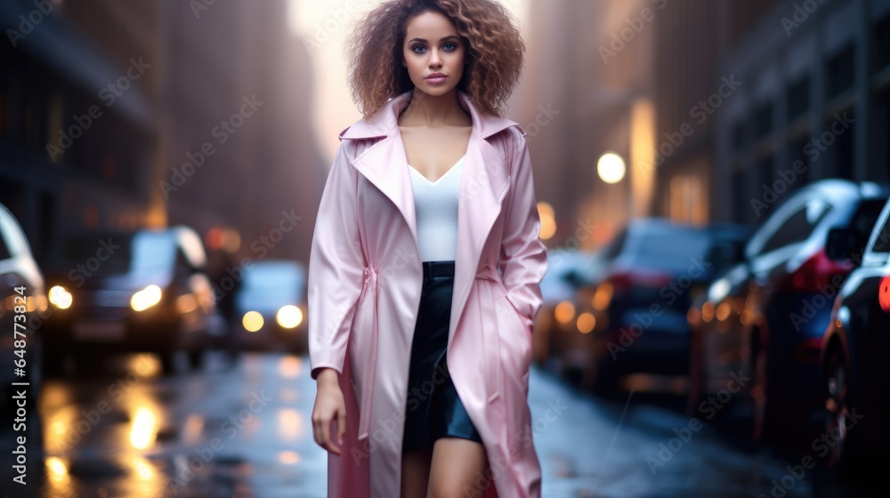 Beautiful glamorous lady in luxury coat and elegant dress walking along the city street at night.