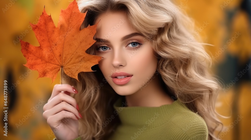 Beautiful girl outdoor in autumn, Pretty woman with leaf near face on autumnal background.