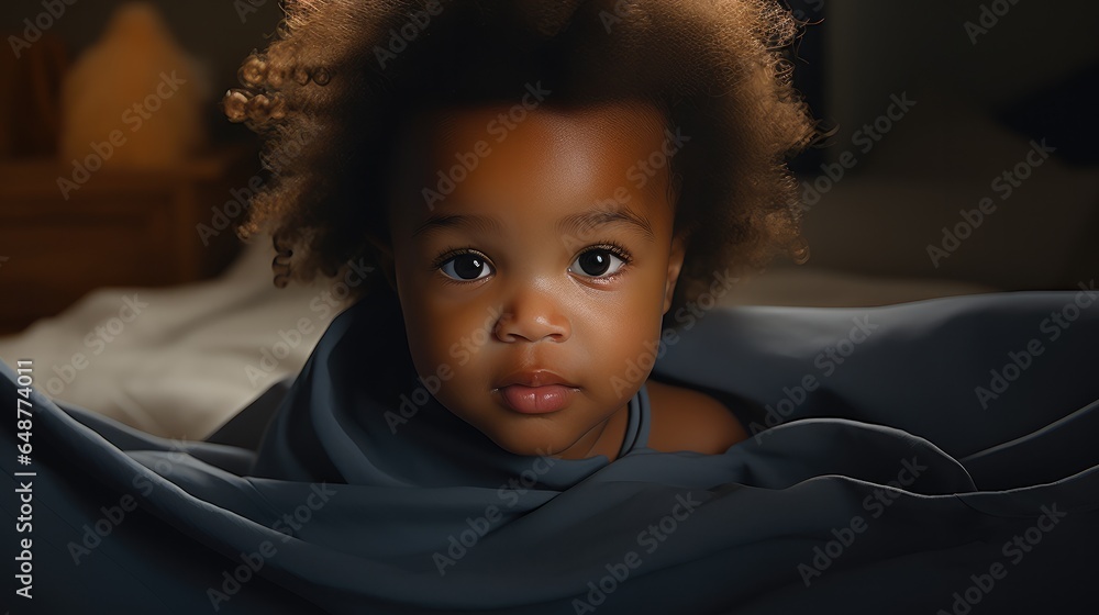 Black newborn baby on bed in home.