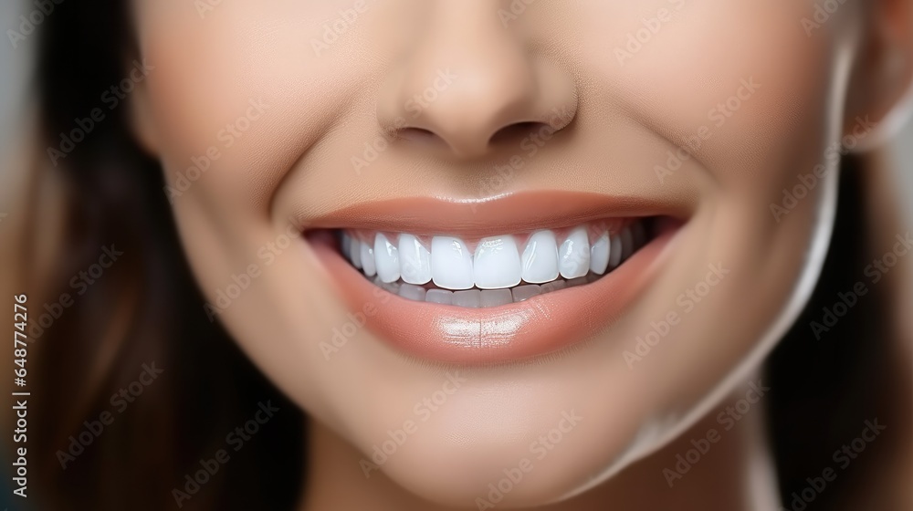 Close up cropped photo of beautiful woman mouth with perfect white bright smile and healthy teeth.