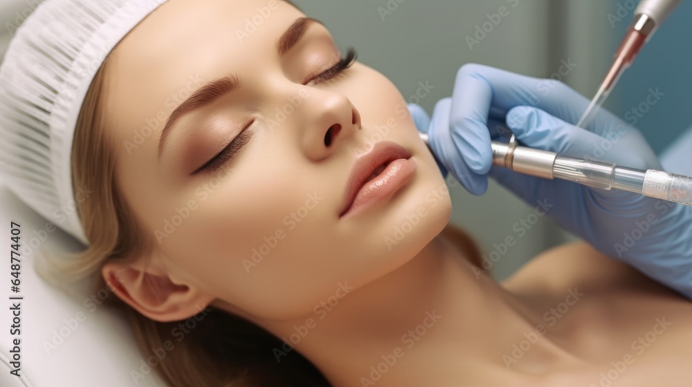 Cosmetologist are does injections for lips augmentation anti wrinkle injections on the face of a woman.