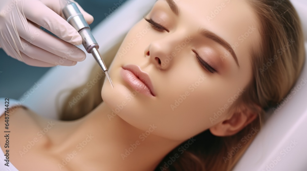 Cosmetologist are does injections for lips augmentation anti wrinkle injections on the face of a woman.