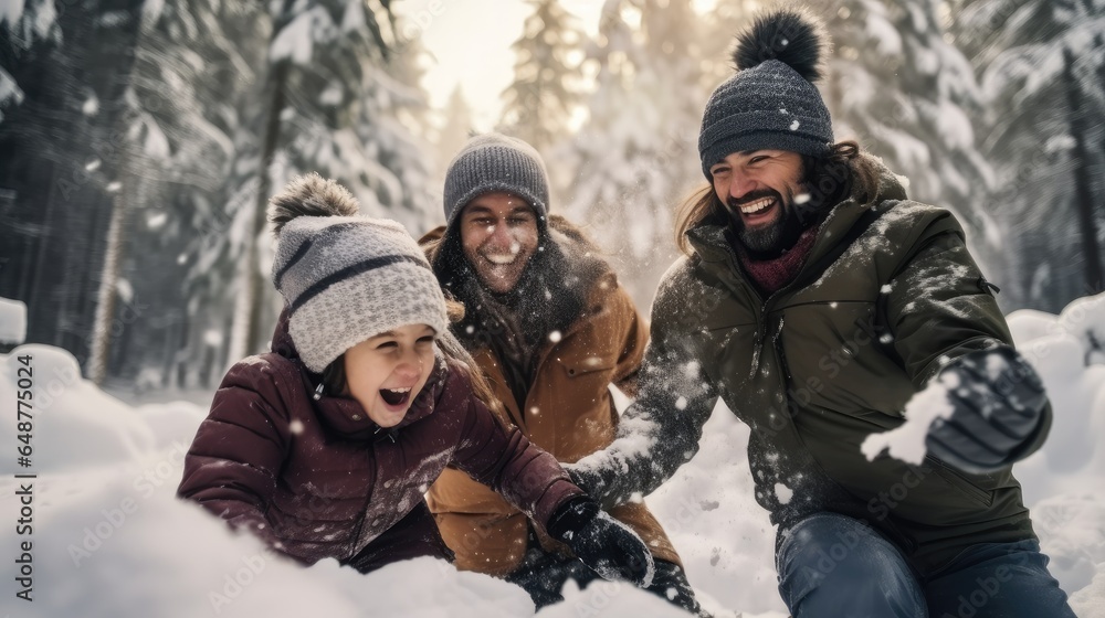 Happy family playing with snow at the forest in winter.