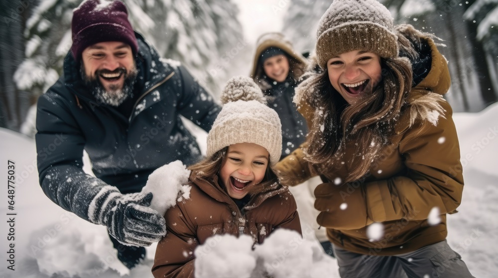 Happy family playing with snow at the forest in winter.