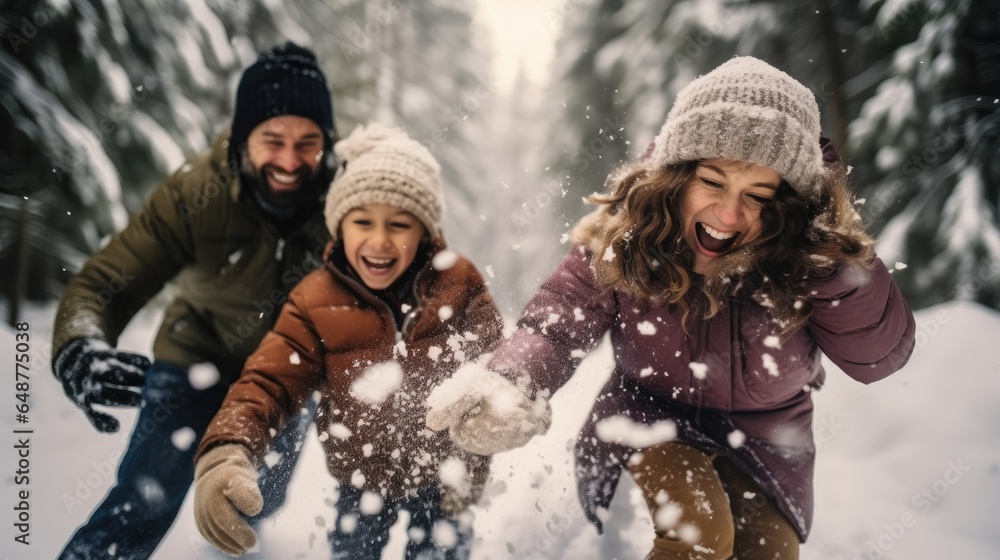 Happy family playing with snow at the forest in winter.