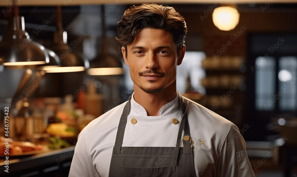 Handsome man chef standing in the kitchen.