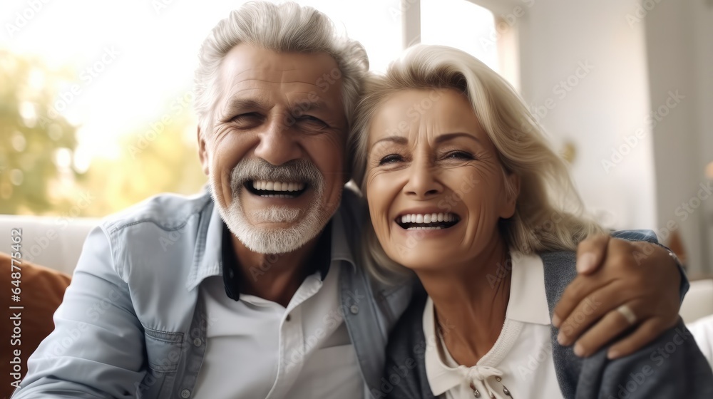 Cheerful senior husband and wife hugging on sofa at home.