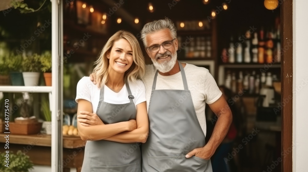 Happy Mature Couple Organic Cafe Owners Posing Together Outdoors, Were proud to be open.