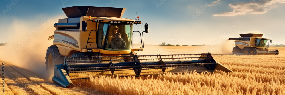 Harvesting machine in golden wheat field, Agriculture concept.