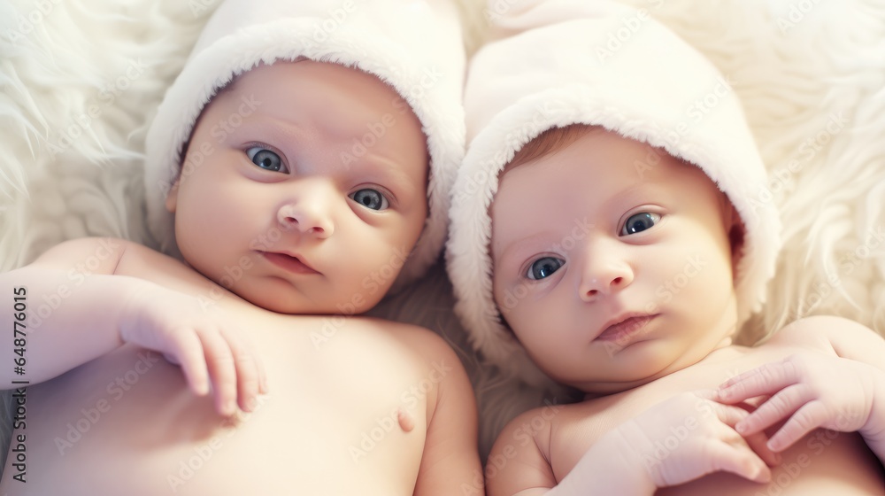 Newborn twins boy and girl on bed.