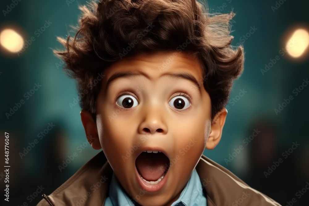 Portrait of surprised little boy with open mouth and big eyes, Amazed kid in casual clothes.