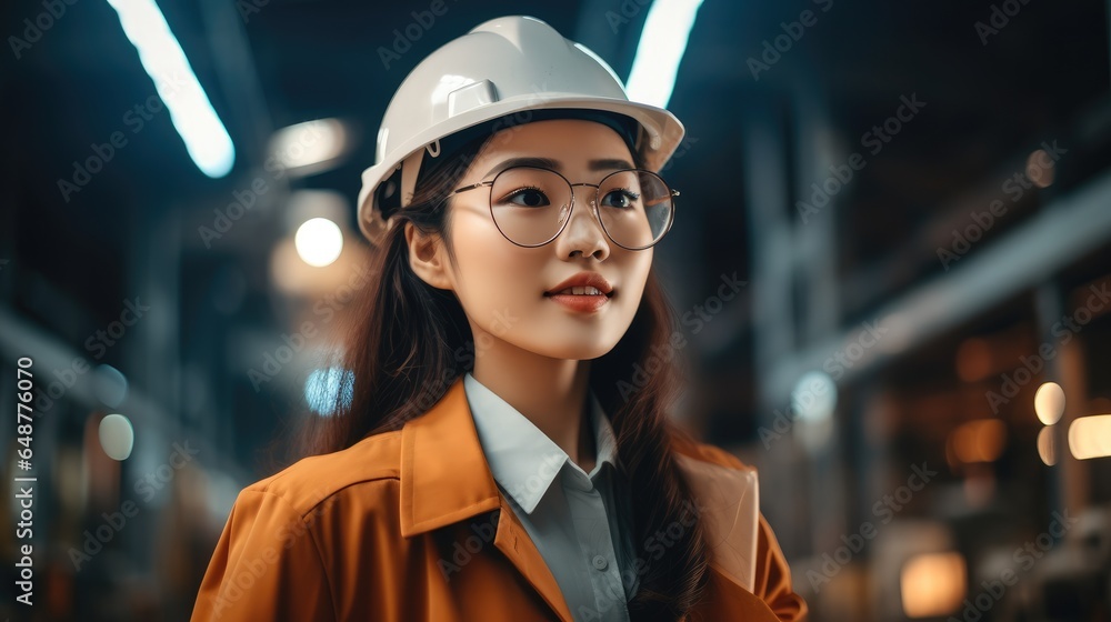 Portrait of Asian female engineer wear safety helmet in warehouse.