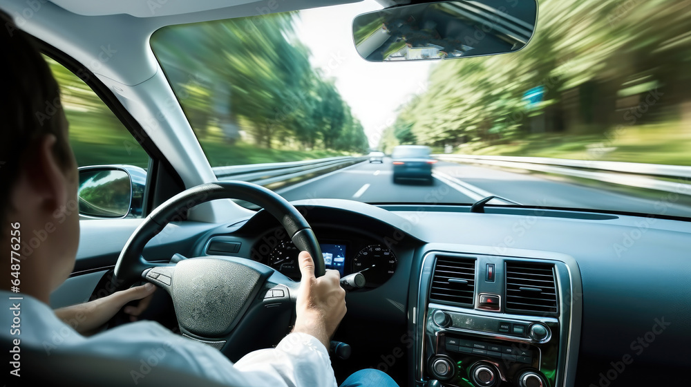 Man in self driving car on road.