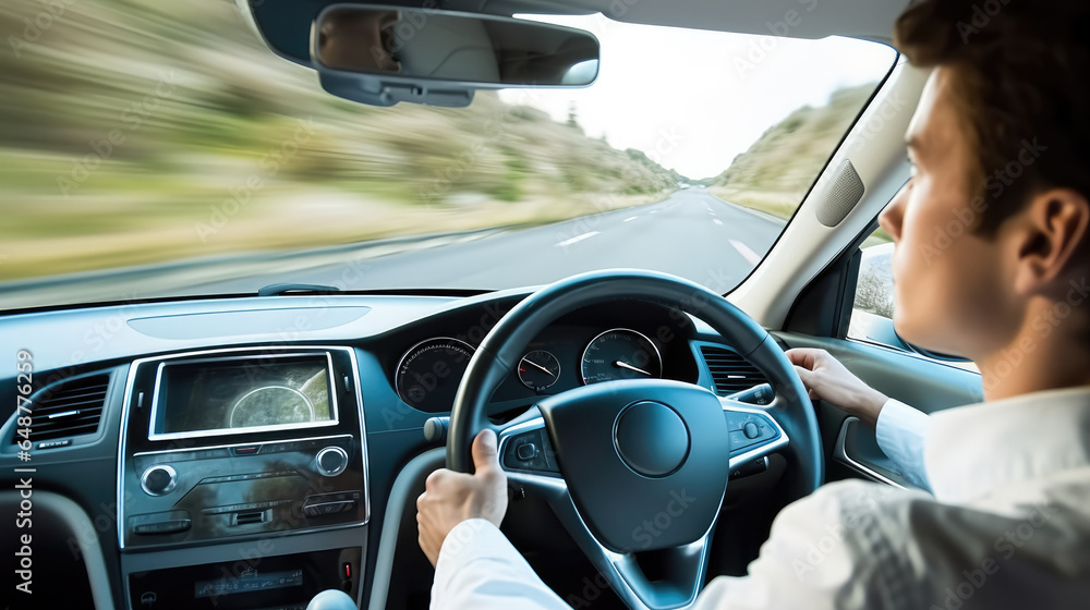 Man in self driving car on road.