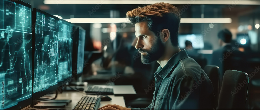 Male system security specialist working on computer at system control center.