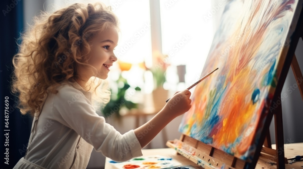 Little girl painting on a canvas with a paintbrush and colorful acrylic paints in a painting class.