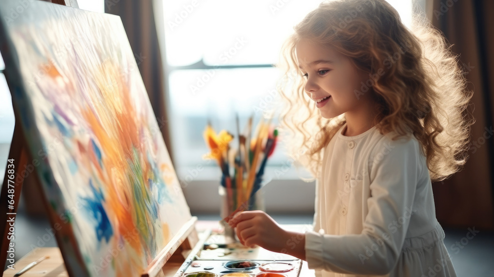 Little girl painting on a canvas with a paintbrush and colorful acrylic paints in a painting class.