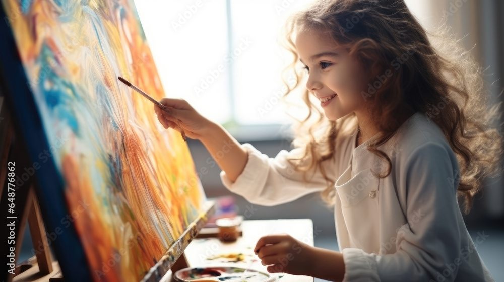 Little girl painting on a canvas with a paintbrush and colorful acrylic paints in a painting class.