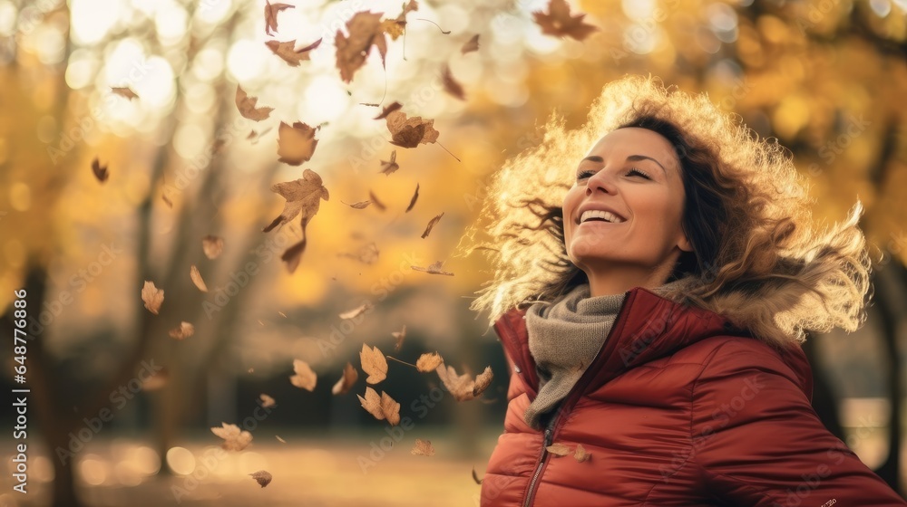 Woman having fun in autumn season at the park, Natural lifestyle lady enjoy life.