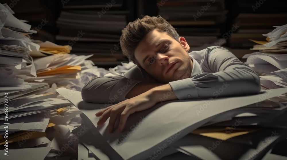 Businessman sleeping on paperwork in office, concept of workaholism and overtime that leads to exhaustion.