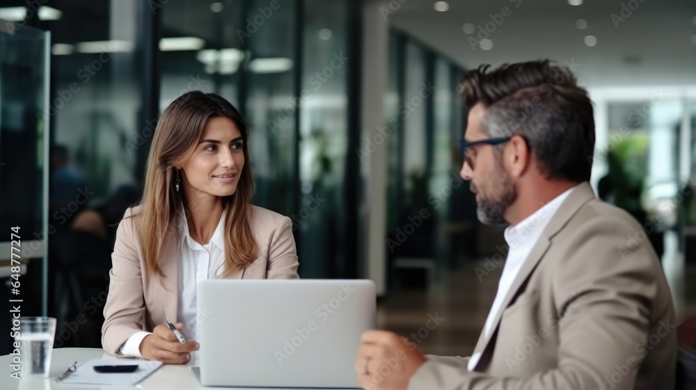 Two mature business executives having conversation at meeting, Discussing about digital corporate strategy in office.