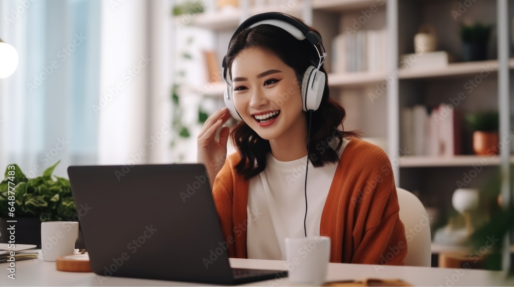 Woman are work with laptop on video call from home, headphones and virtual international online meeting.