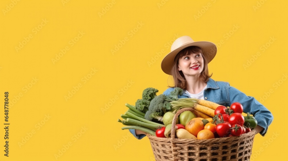 Young woman farmer with basket full of different vegetables on yellow background.