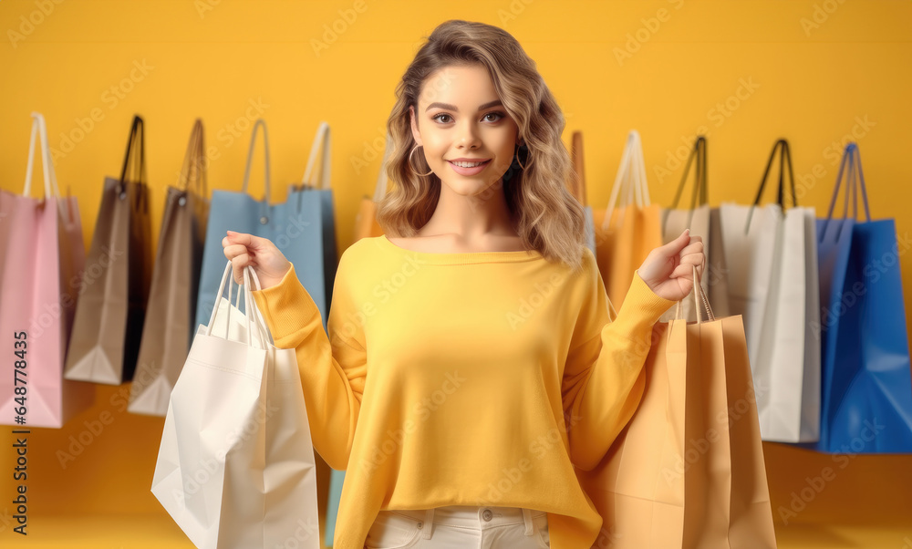 Young woman with shopping bags on yellow background.