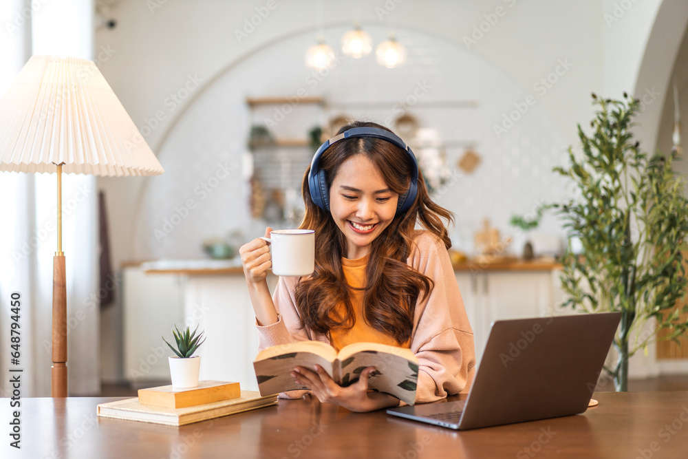 Portrait of beauty student or teenager asian woman read the paper book work learn and study looking at page education book, story, university, lessons, knowledge, homeschool sitting at home.Education