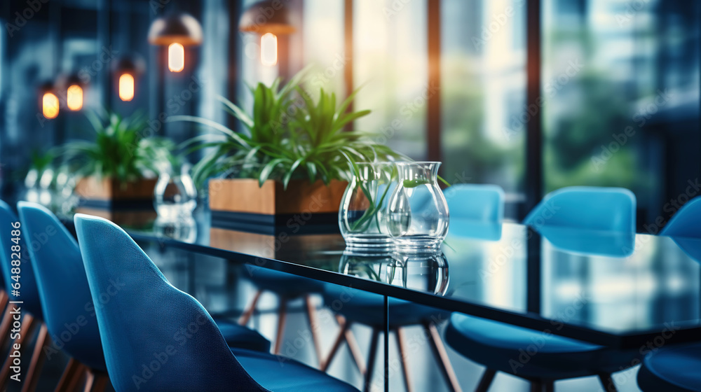 Modern minimalist corporate conference room with glass table in blue shades. Generative AI