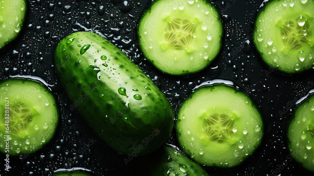 Fresh green cucumber slices with water drops background. Vegetables backdrop. Generative AI