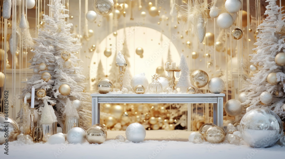 Modern shiny creative Christmas backdrop. Golden festive New Year background. Generative AI