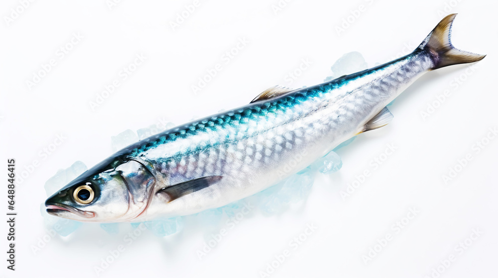 Fresh mackerel fish (Scomber scrombrus) on ice. Seafood background. Generative AI