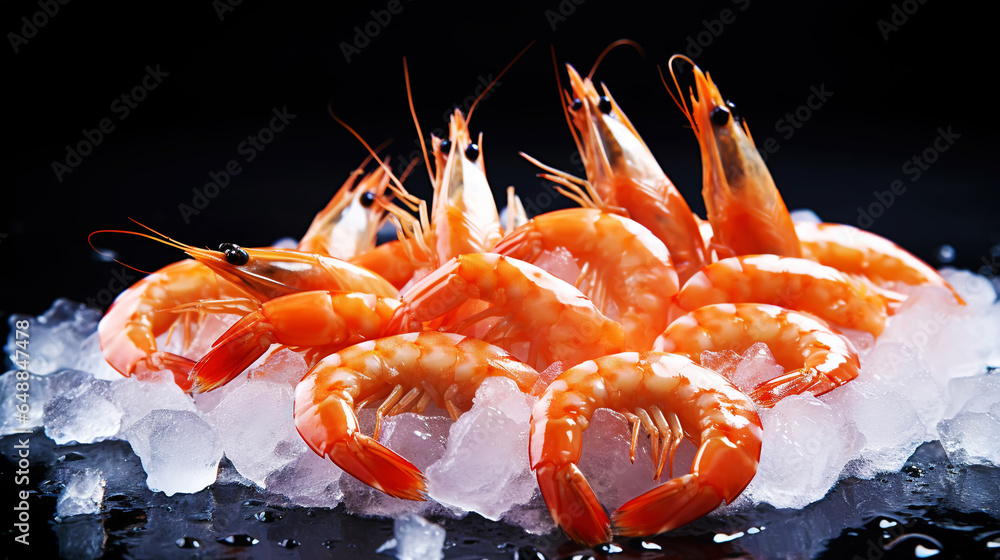 Top view of raw whole king prawns on ice. Seafood background. Generative AI